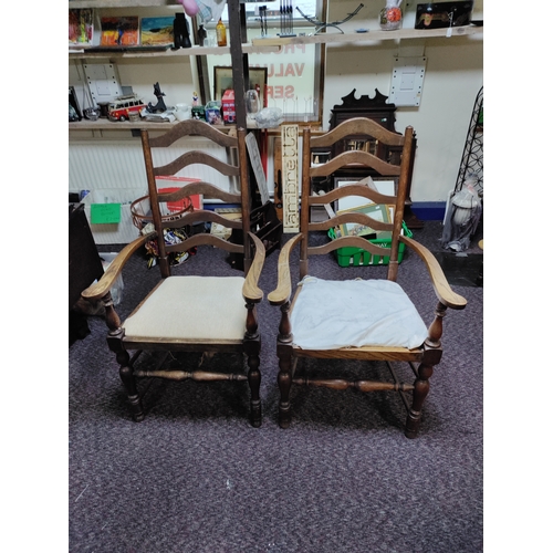 463 - 2 antique ladder back horse hair seat chairs. Have had woodworm in the past which has been treated.