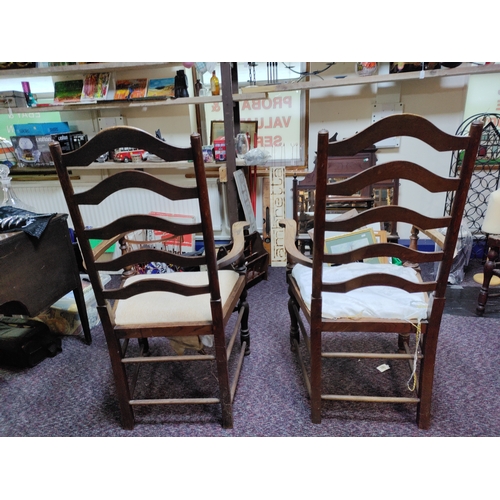 463 - 2 antique ladder back horse hair seat chairs. Have had woodworm in the past which has been treated.