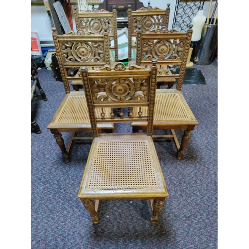 528 - A set of 5 beautifully carved Louis XIII antique french cane chairs. 1 is in need of recanning. H 90... 