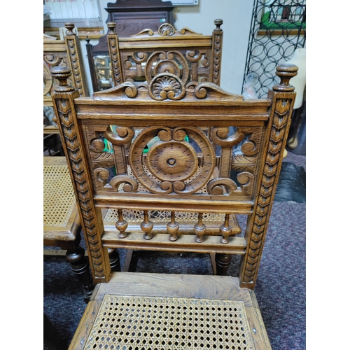 528 - A set of 5 beautifully carved Louis XIII antique french cane chairs. 1 is in need of recanning. H 90... 