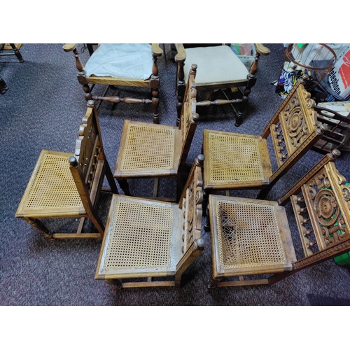 528 - A set of 5 beautifully carved Louis XIII antique french cane chairs. 1 is in need of recanning. H 90... 