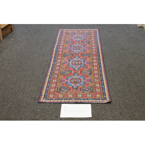 535 - Kashmir hand stitched natural dye runner rug known as silk. APX 297cm x 77cm