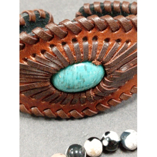 681 - Black flower Agate beaded bracelet 7cm diameter and a brown leather and turquoise stone nevajo style... 