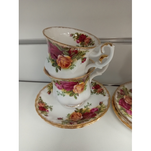 472 - Royal Albert old country roses coffee service includes six cups, one A/F chip by handle and six sauc... 