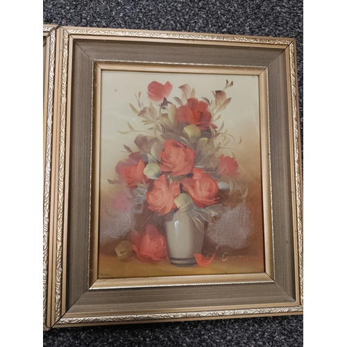 481 - A trio of matching frame signed oil paintings of flowers. Two frames need a little attention. H 34cm... 