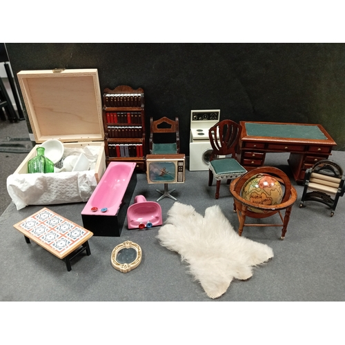 484 - Job lot of vintage dolls house furniture includes world map globe, mangle, folding library chair, ba... 