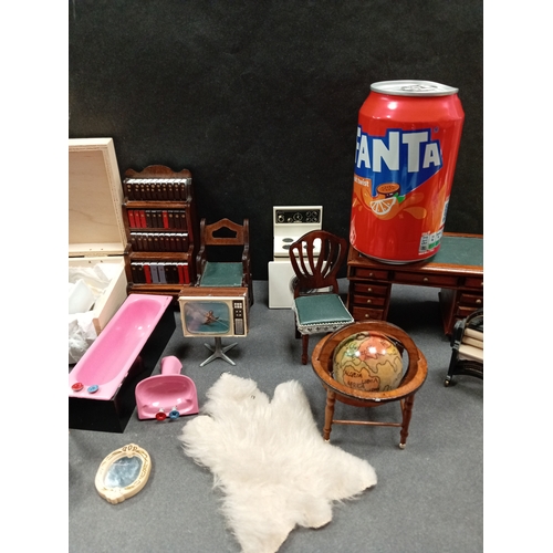 484 - Job lot of vintage dolls house furniture includes world map globe, mangle, folding library chair, ba... 