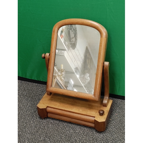 547 - Antique oak swivel mirror with draw. Knob has come off but is still with it.