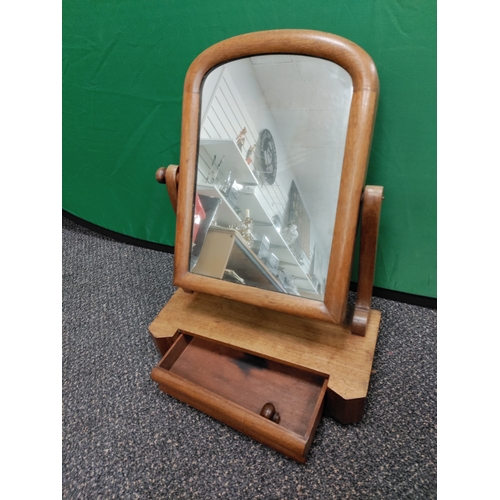 547 - Antique oak swivel mirror with draw. Knob has come off but is still with it.