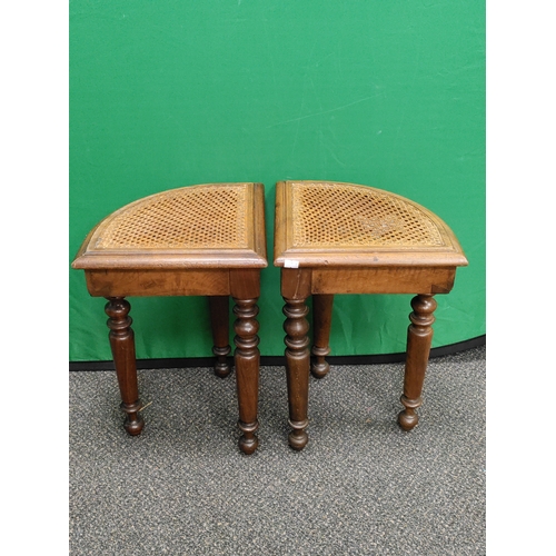 549 - Two small cane seat corner stools. One has been repaired. H 45cm x 30cm x 30cm