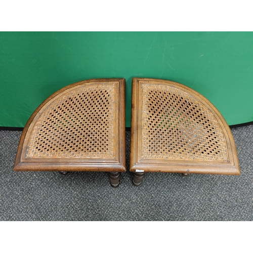 549 - Two small cane seat corner stools. One has been repaired. H 45cm x 30cm x 30cm