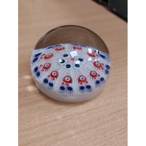 556 - A vintage Strathearn millefiori blue, white and red paper weight hand made in Scotland.