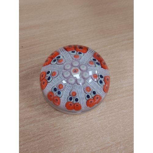 557 - A vintage strathearn millefiori orange, white and blue paper weight hand made in Scotland.