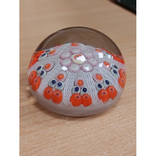 557 - A vintage strathearn millefiori orange, white and blue paper weight hand made in Scotland.