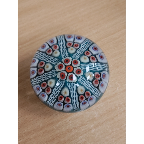 561 - A vintage Strathearn millefiori turquoise, white and red paper weight hand made in Scotland.