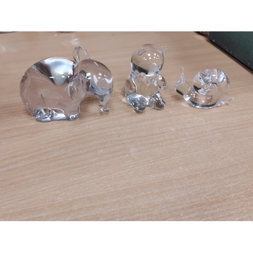 565 - Three glass animals to include a snail, an elephant (hand made at island glass studio) and a bear