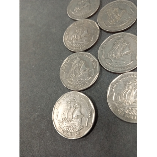 570 - East Caribbean and Euro coins, includes seven one dollar coins, two five cents, one two cents and th... 