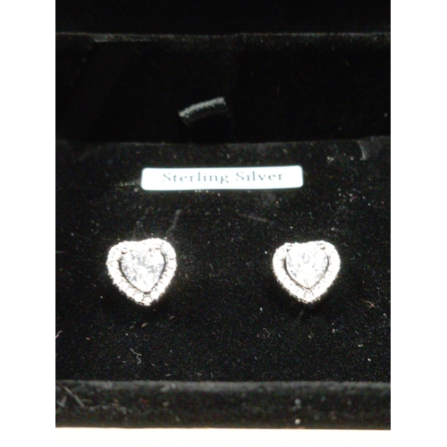 688 - 925 silver Warren James heart diamanté stud earrings boxed