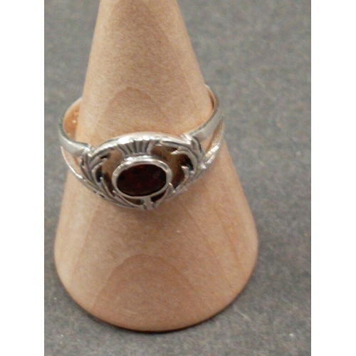 699 - 925 silver thistle and red stone ring size K