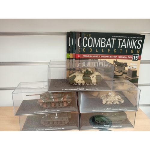 626 - Five combat collection Deagostini model die cast tanks in display cases 7cm x 17cm with magazines in... 