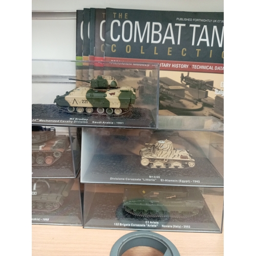 626 - Five combat collection Deagostini model die cast tanks in display cases 7cm x 17cm with magazines in... 