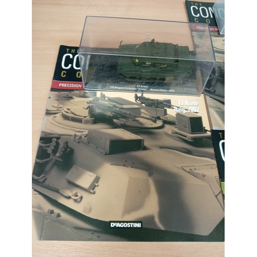 626 - Five combat collection Deagostini model die cast tanks in display cases 7cm x 17cm with magazines in... 