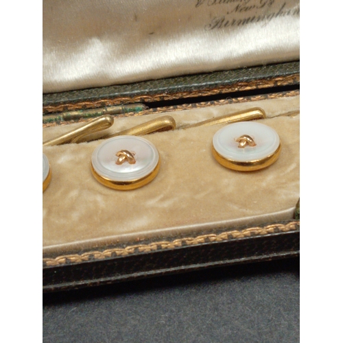 759 - Antique Edwardian 18ct gold mother of pearl detail buttons in original case. Weight 9.52 grams