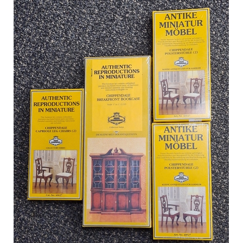 483 - 4 Miniature Chippingdale wooden Dolls House Kits, Authentic Furniture to include Breakfront Bookcase... 