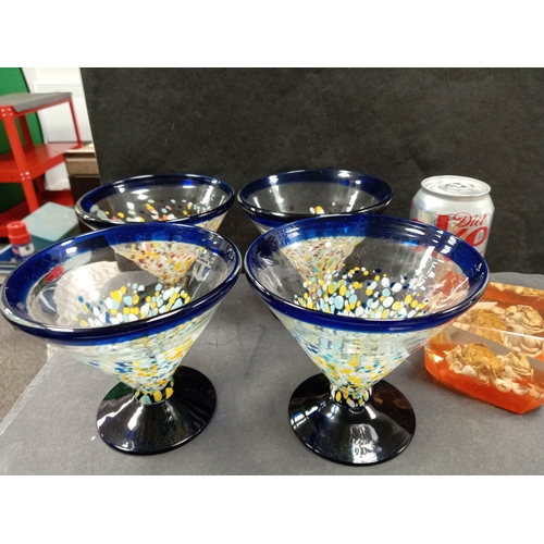 484 - Set of four Royal Caribbean hand blown confetti glasses and a vintage mid century shell art paperwei... 