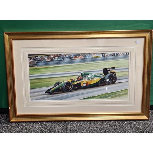 489 - Original painting under glass of Johnny Herbert Lotus Formula 1 Racing Car Watercolour/Gouache Paint... 