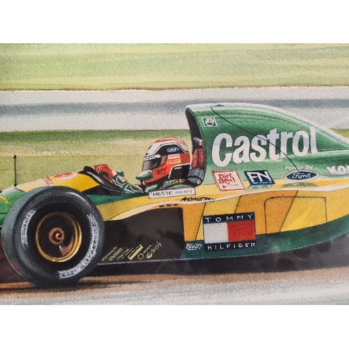 489 - Original painting under glass of Johnny Herbert Lotus Formula 1 Racing Car Watercolour/Gouache Paint... 