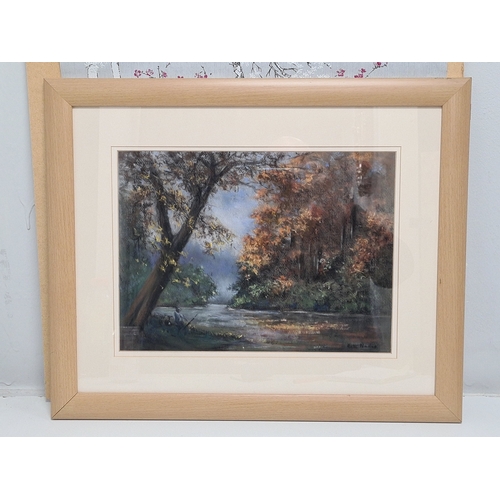 494 - Glass framed Pastel Painting of River Scene 'Gone Fishing' by Kate Noonan. Measures H47.5cm x57.5cm