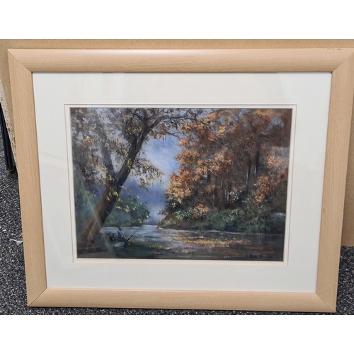 494 - Glass framed Pastel Painting of River Scene 'Gone Fishing' by Kate Noonan. Measures H47.5cm x57.5cm