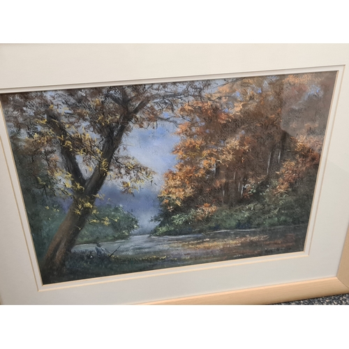 494 - Glass framed Pastel Painting of River Scene 'Gone Fishing' by Kate Noonan. Measures H47.5cm x57.5cm