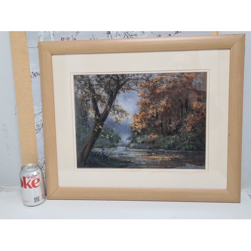 494 - Glass framed Pastel Painting of River Scene 'Gone Fishing' by Kate Noonan. Measures H47.5cm x57.5cm