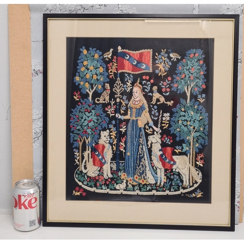 495 - Glass framed embroidered Medieval Coat of Arms lady with Unicorn; French style tapestry. Measures H5... 