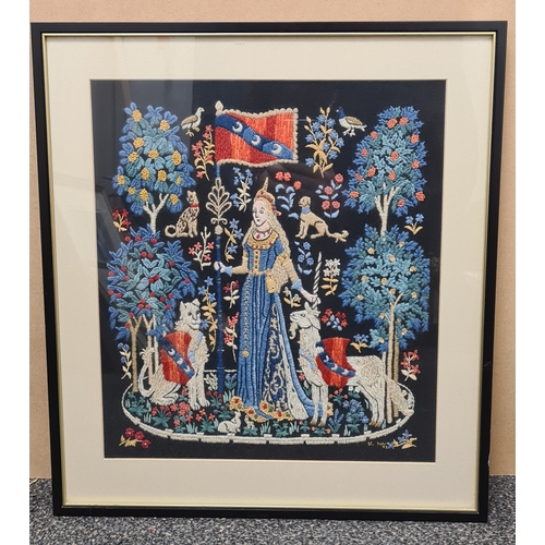 495 - Glass framed embroidered Medieval Coat of Arms lady with Unicorn; French style tapestry. Measures H5... 