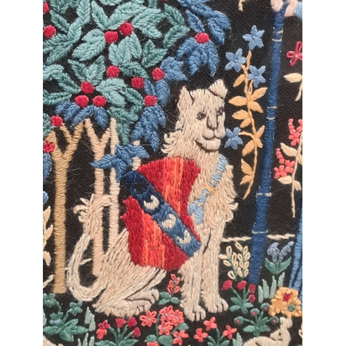 495 - Glass framed embroidered Medieval Coat of Arms lady with Unicorn; French style tapestry. Measures H5... 