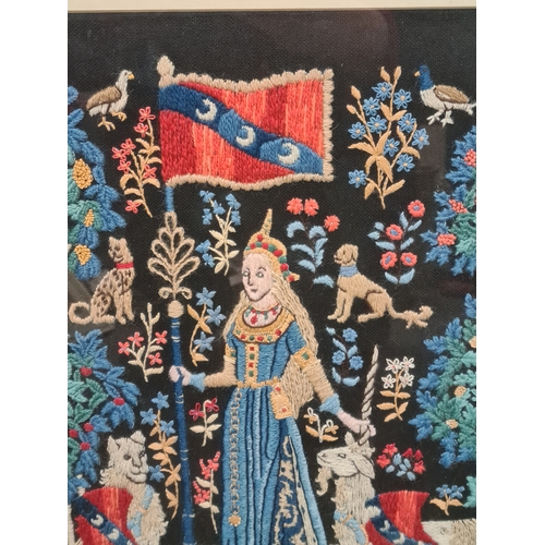 495 - Glass framed embroidered Medieval Coat of Arms lady with Unicorn; French style tapestry. Measures H5... 