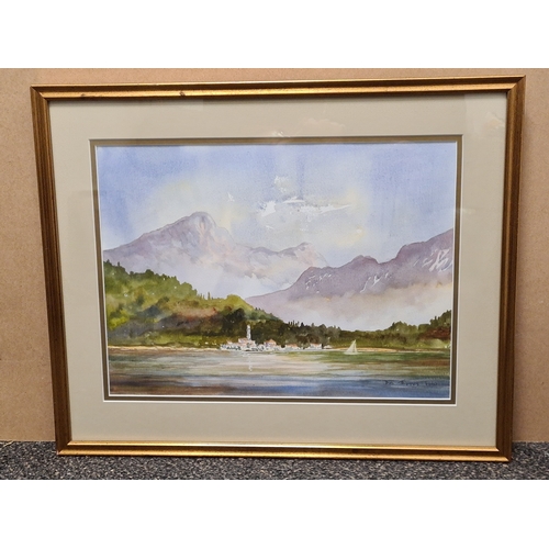 497 - Glass framed original mountain & lake watercolour by Das Thomas 2000, measures H41cm x 51cm.