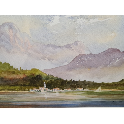 497 - Glass framed original mountain & lake watercolour by Das Thomas 2000, measures H41cm x 51cm.