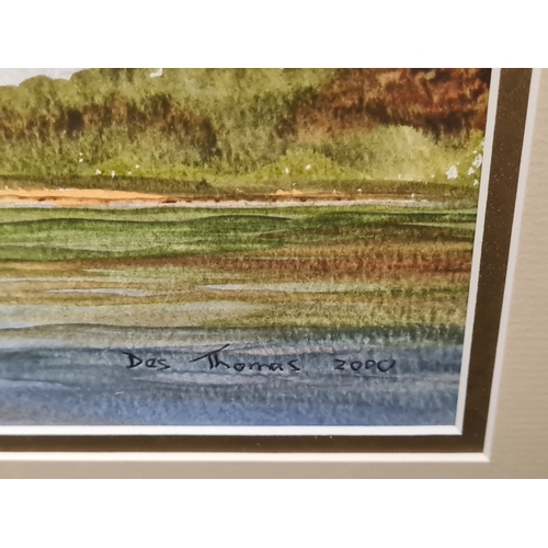 497 - Glass framed original mountain & lake watercolour by Das Thomas 2000, measures H41cm x 51cm.