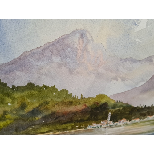 497 - Glass framed original mountain & lake watercolour by Das Thomas 2000, measures H41cm x 51cm.