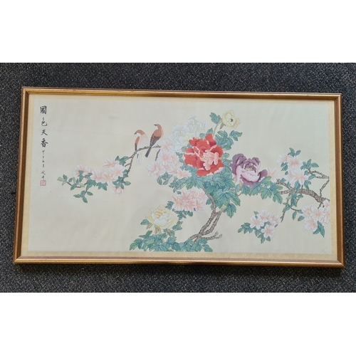 499 - Large glass framed Chinese floral watercolour painting of Chrysanthemums & birds. 'Beauy of the coun... 