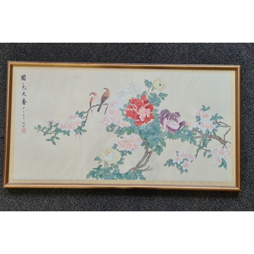 499 - Large glass framed Chinese floral watercolour painting of Chrysanthemums & birds. 'Beauy of the coun... 