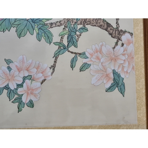 499 - Large glass framed Chinese floral watercolour painting of Chrysanthemums & birds. 'Beauy of the coun... 