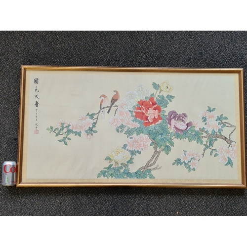 499 - Large glass framed Chinese floral watercolour painting of Chrysanthemums & birds. 'Beauy of the coun... 