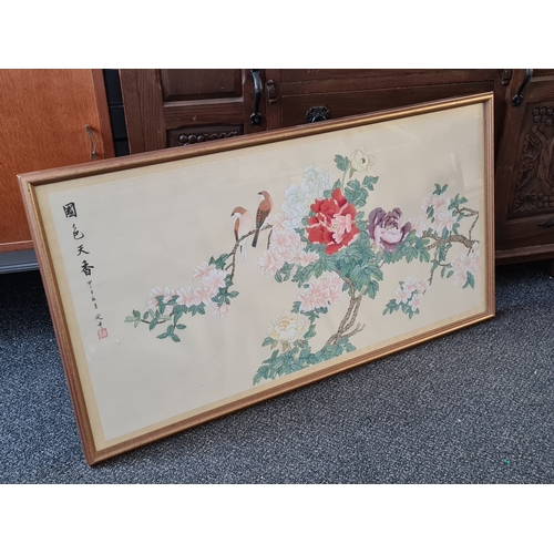 499 - Large glass framed Chinese floral watercolour painting of Chrysanthemums & birds. 'Beauy of the coun... 