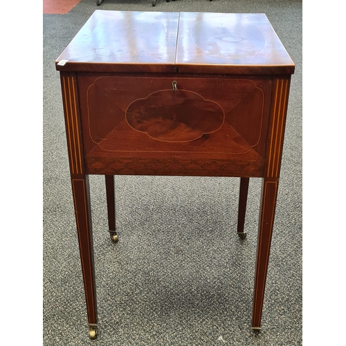 502 - Georgian style inlaid Mahogany Workbox/Storage/Sewing table, this is lockable with key and has porta... 