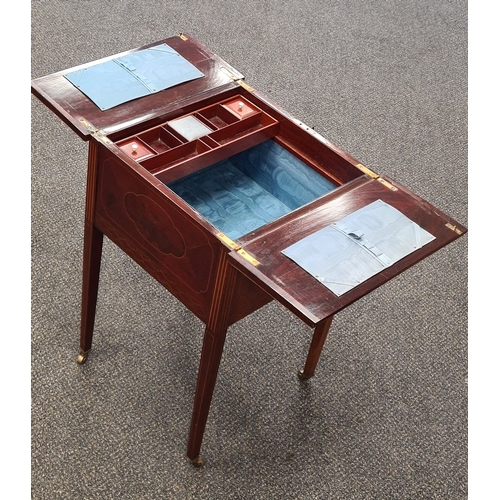 502 - Georgian style inlaid Mahogany Workbox/Storage/Sewing table, this is lockable with key and has porta... 